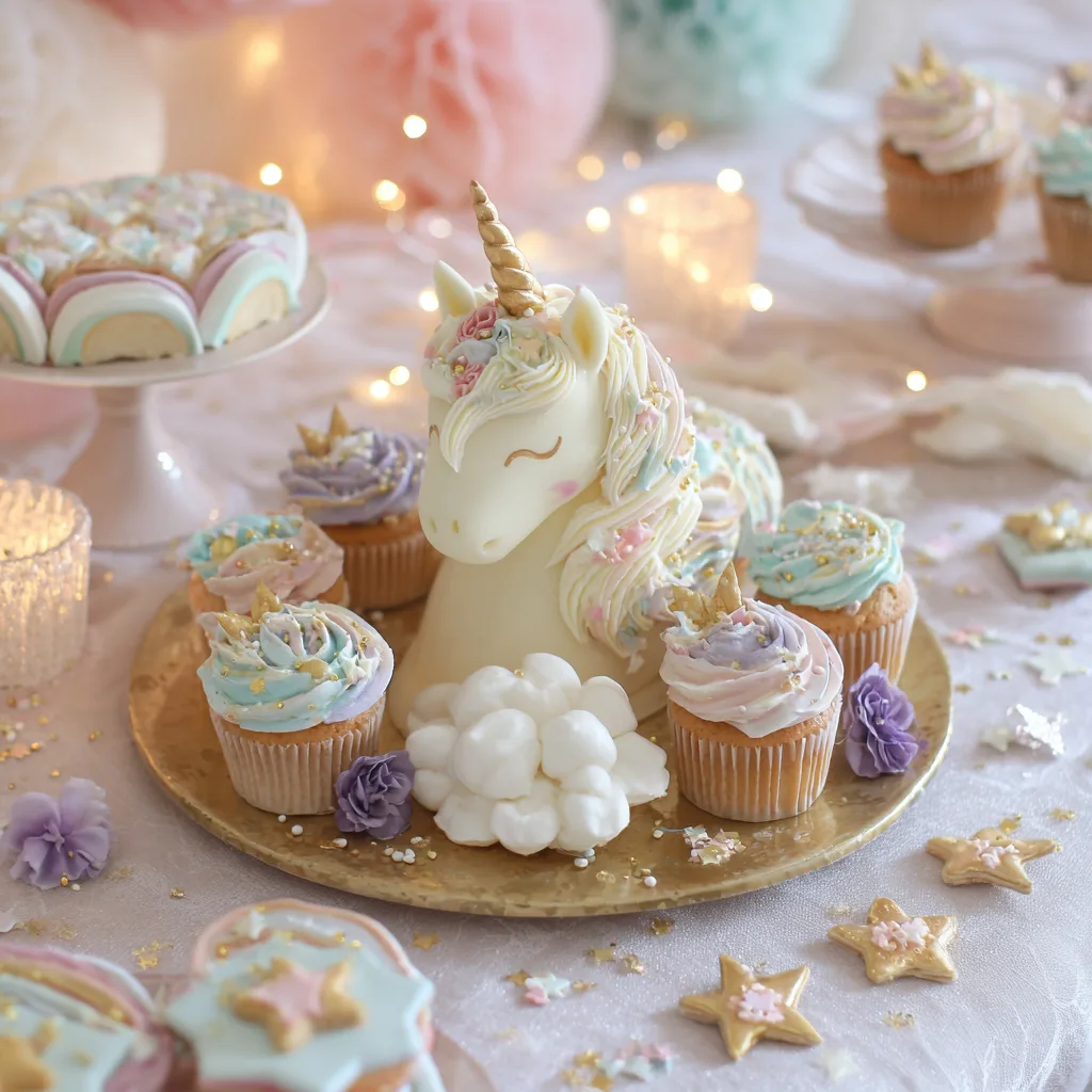 Licorne en Chocolat XXL présentée sur une table de fête avec cupcakes et desserts arc-en-ciel