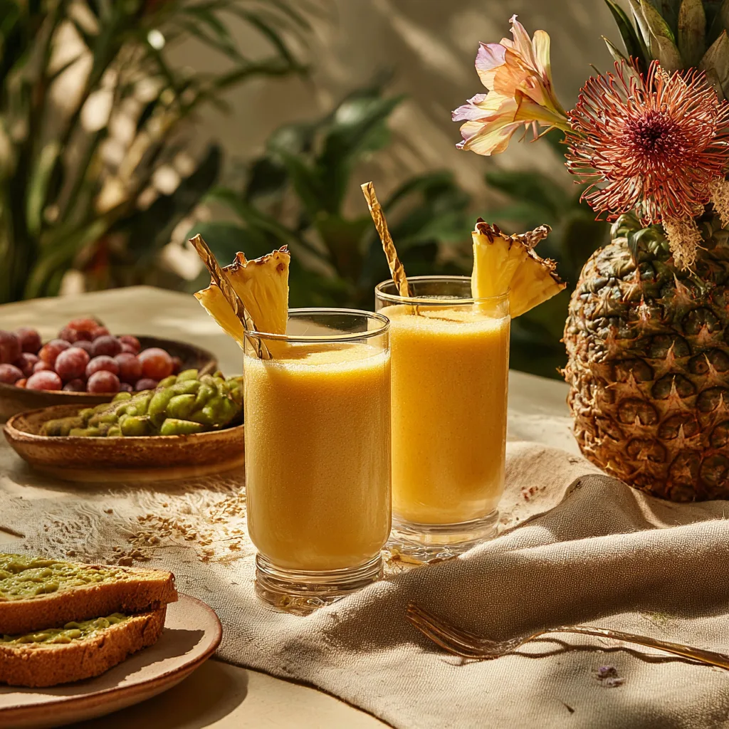 Smoothie Mangue Ananas servi élégamment pour un petit-déjeuner tropical sain