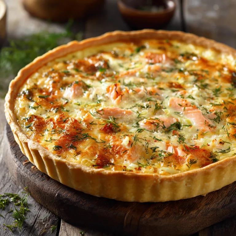 Quiche au saumon fumé et poireaux dorée vue de dessus sur fond bois rustique