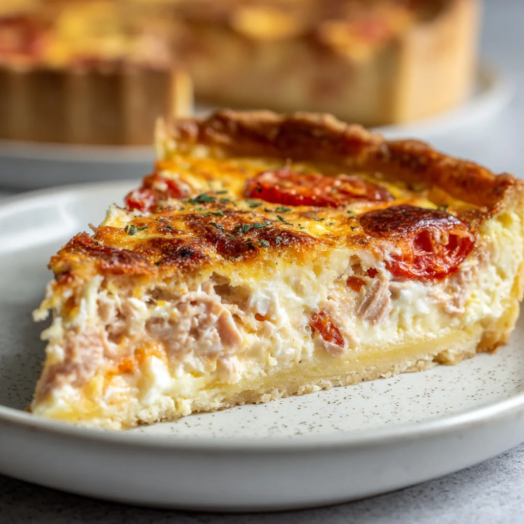 Gros plan sur une part de quiche au thon crémeuse avec mozzarella fondue