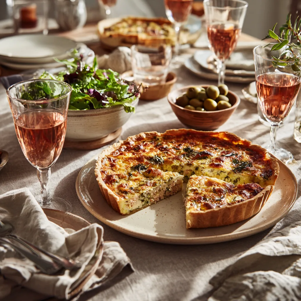 Quiche au thon servie sur table avec salade verte et verre de rosé
