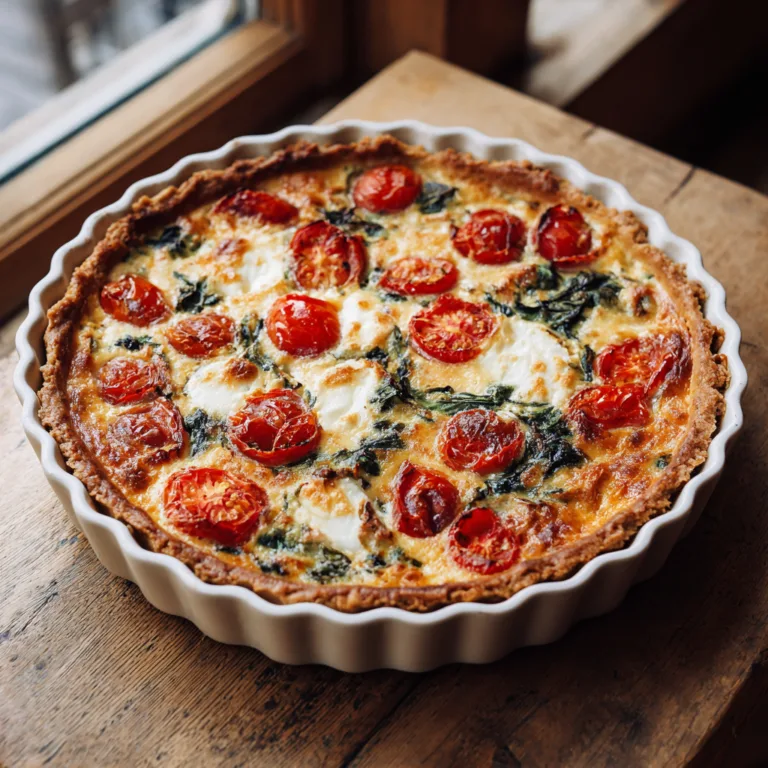 Quiche au thon tomates et mozzarella vue de dessus dans un moule blanc