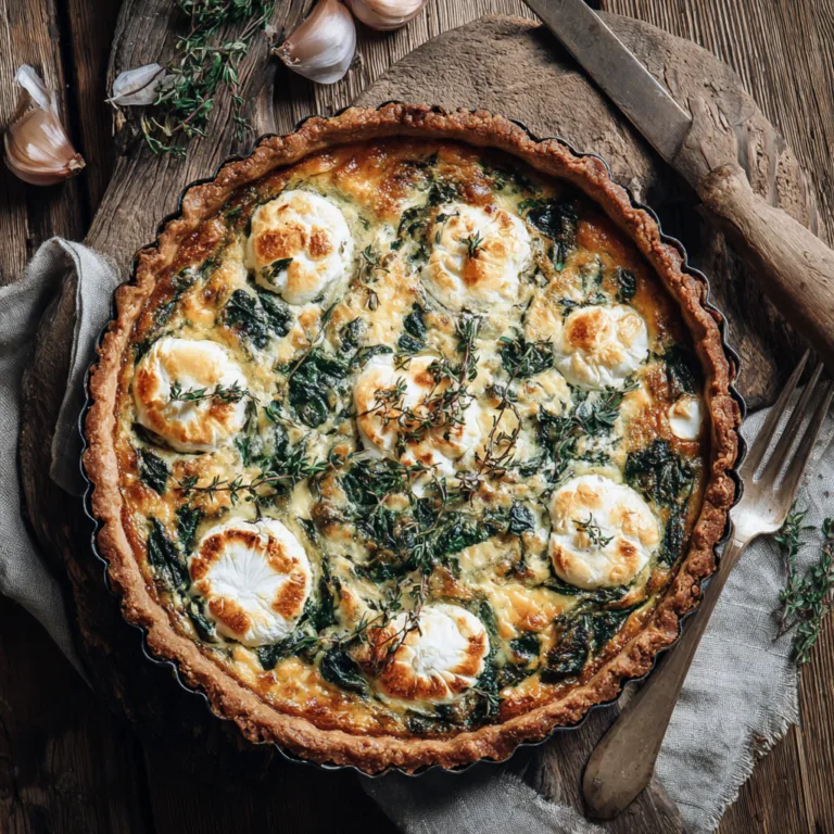 Quiche aux épinards et au chèvre faite maison — vue de dessus