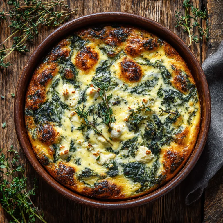 Quiche chèvre épinards sans pâte dorée vue de dessus avec fromage fondu