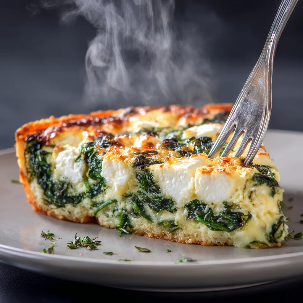 Gros plan part de quiche chèvre épinards sans pâte montrant texture moelleuse