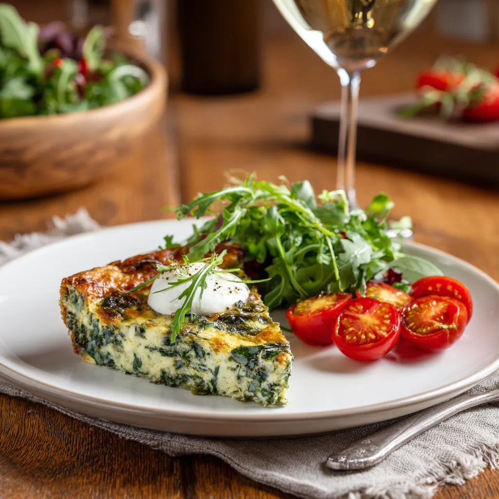 Quiche chèvre épinards sans pâte servie avec salade sur table dressée