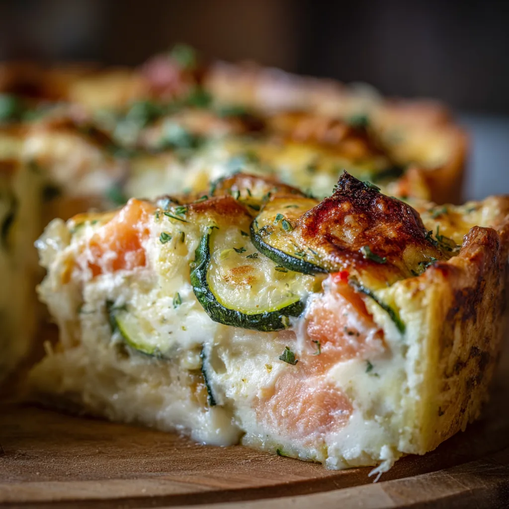 Gros plan sur la texture crémeuse d'une part de quiche courgettes et saumon fumé