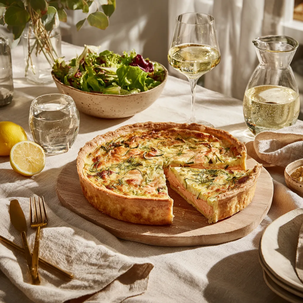 Table dressée avec une quiche courgettes et saumon fumé, salade verte et vin blanc