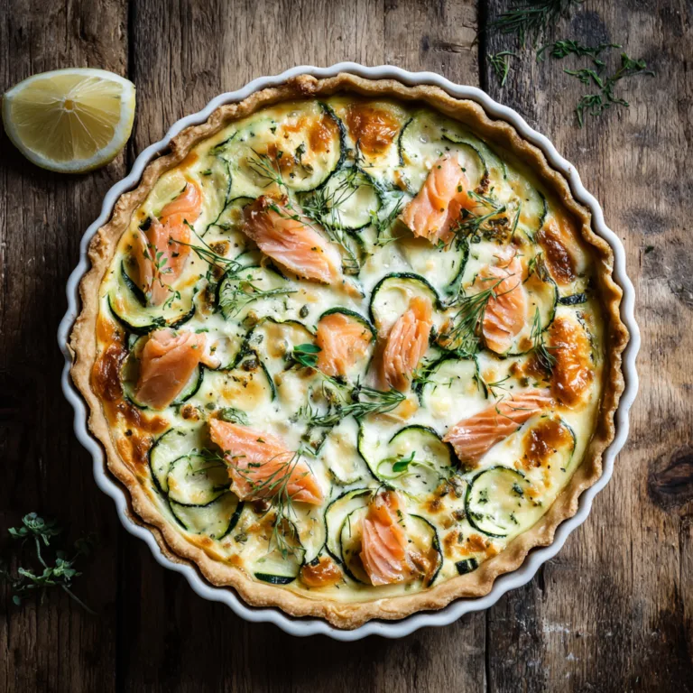 Vue de dessus d'une quiche courgettes et saumon fumé crémeuse maison dans un moule blanc