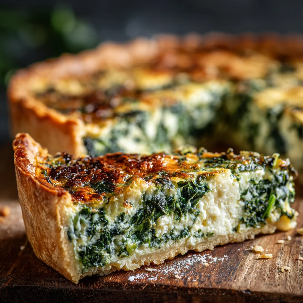 Gros plan sur une part de quiche aux épinards au chèvre crémeuse