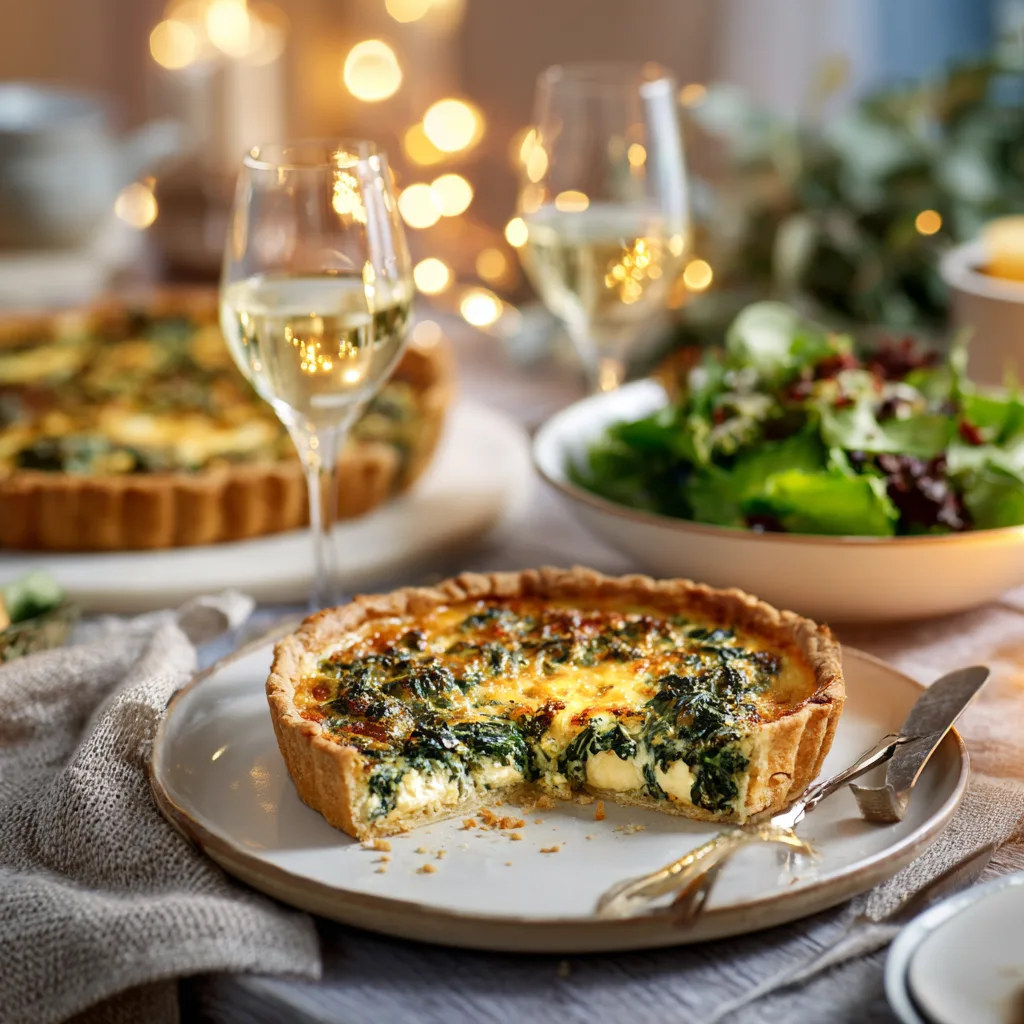 Quiche aux épinards et chèvre servie avec salade verte sur une belle table