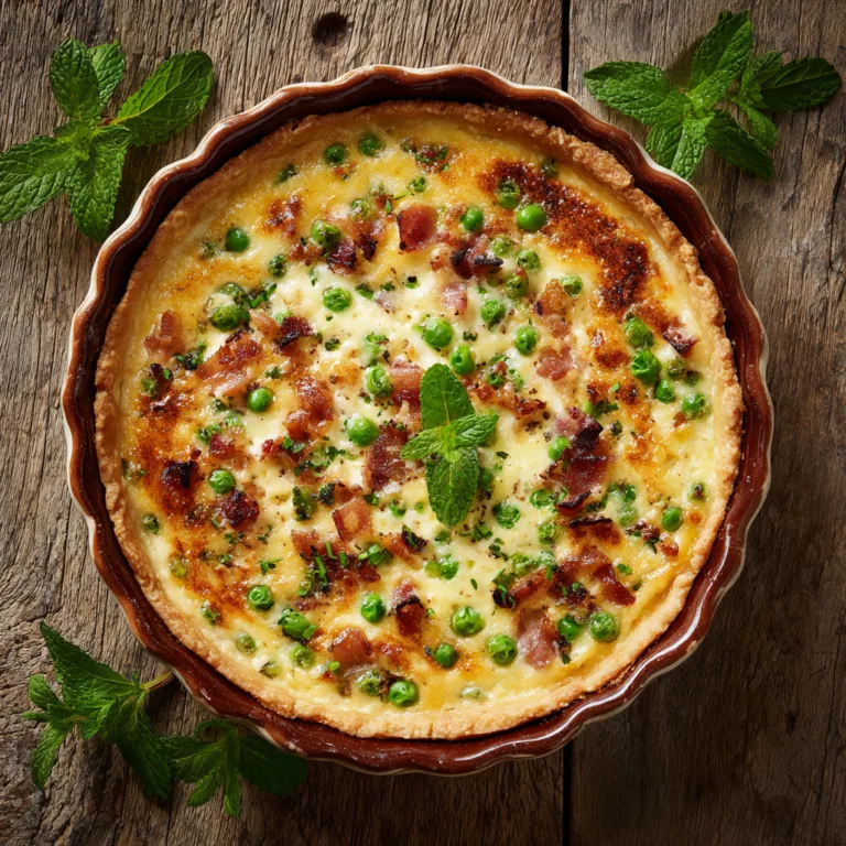 Quiche ricotta petits pois et lardons vue de dessus dorée et crémeuse