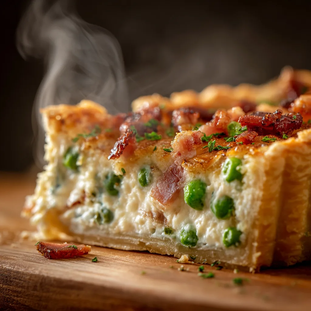 Gros plan texture crémeuse quiche ricotta petits pois et lardons