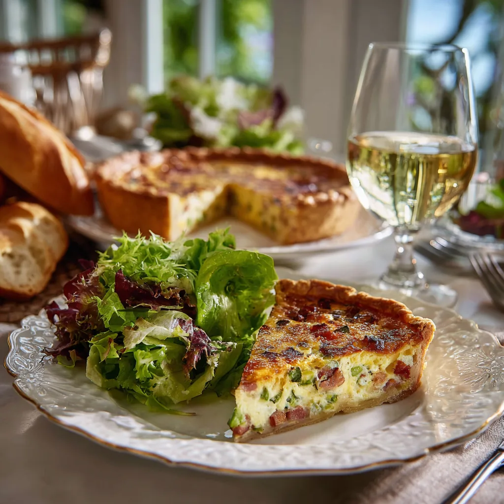 Quiche ricotta petits pois et lardons servie avec salade verte