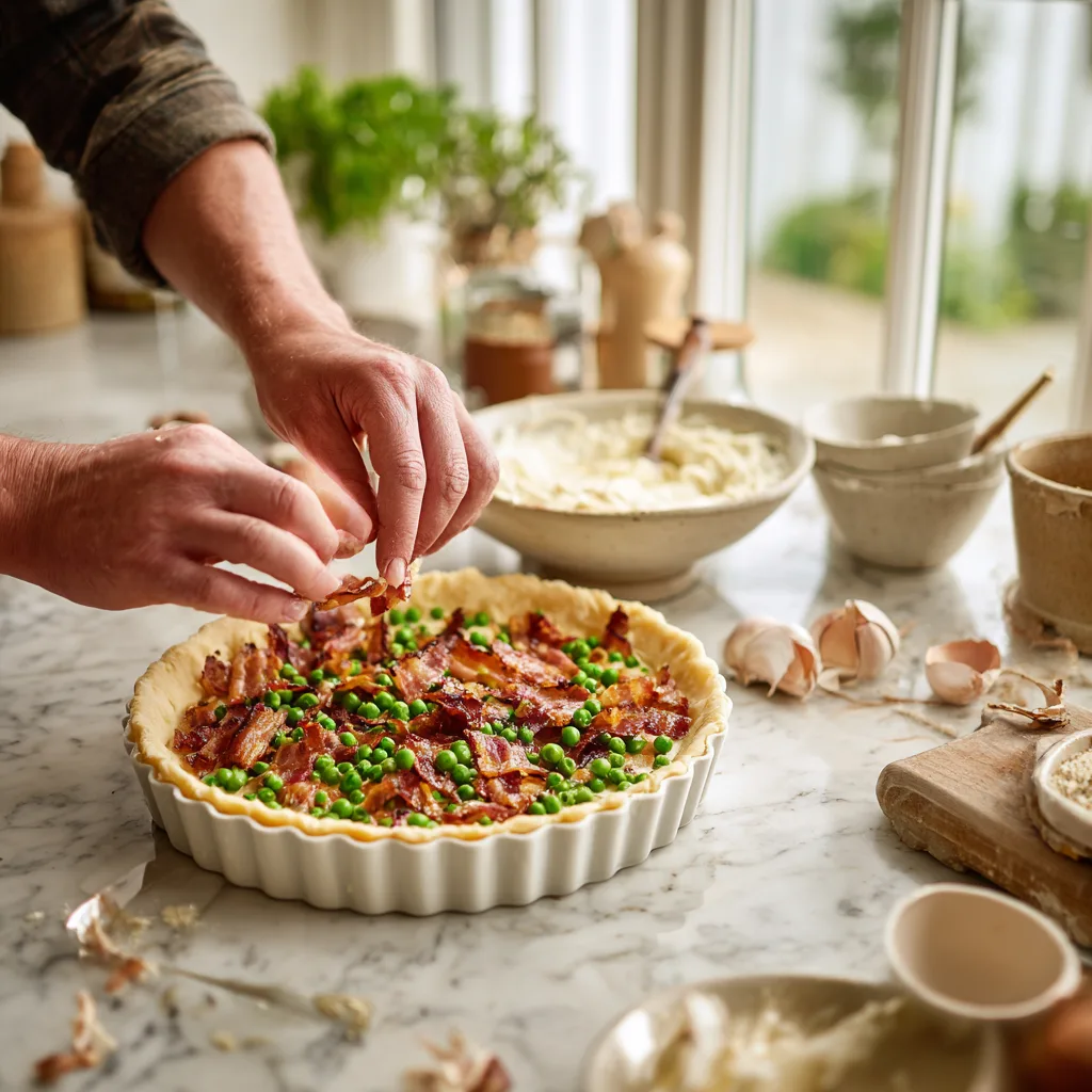 Préparation quiche ricotta petits pois et lardons en cuisine