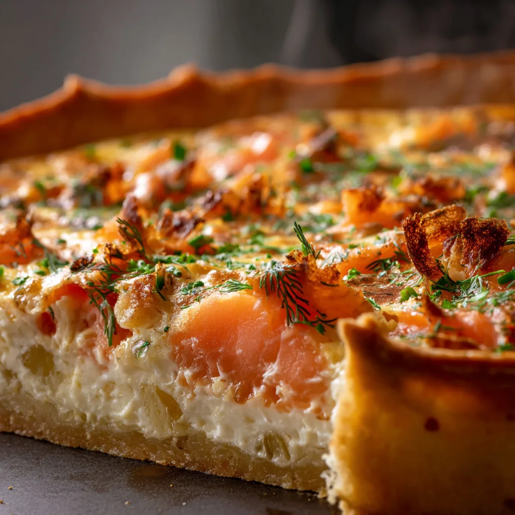 Gros plan part de quiche au saumon fumé montrant texture crémeuse poireaux fondants