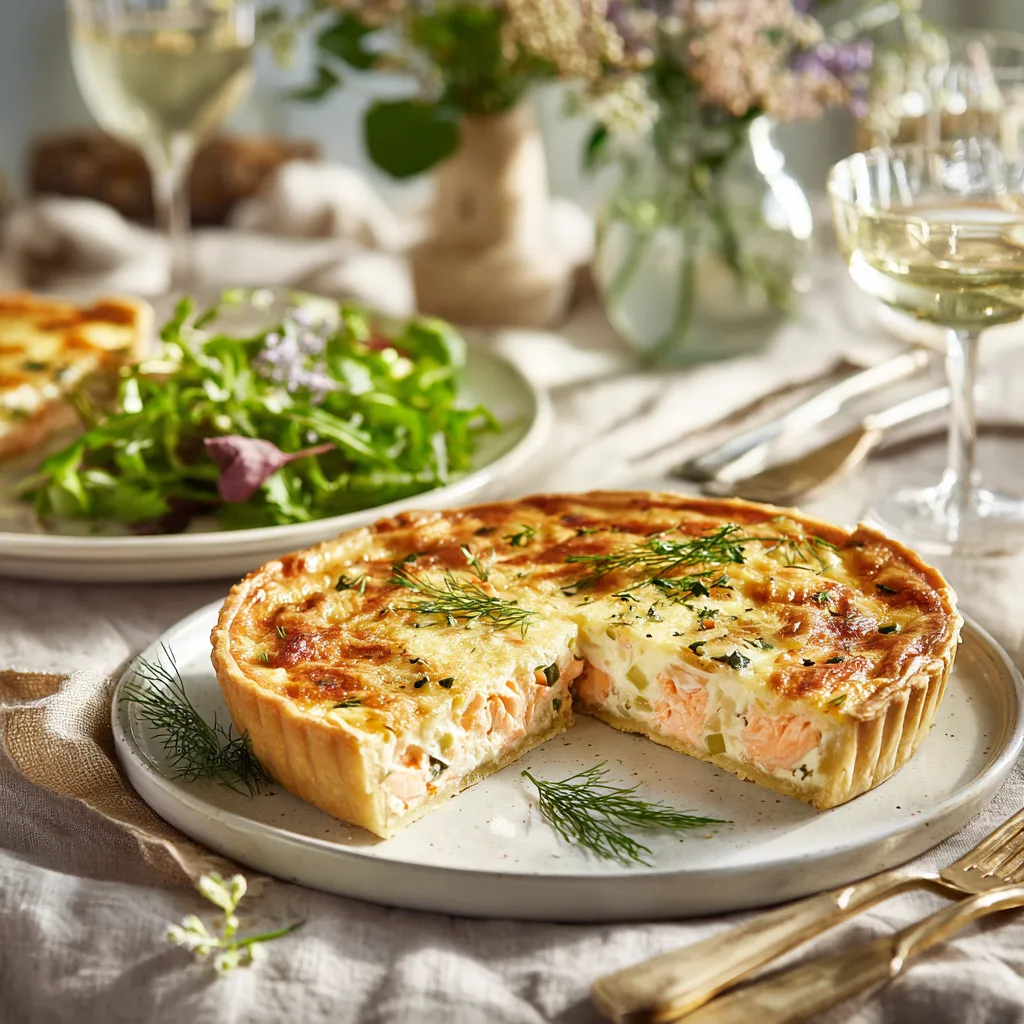 Quiche au saumon fumé et poireaux servie avec salade verte sur table dressée