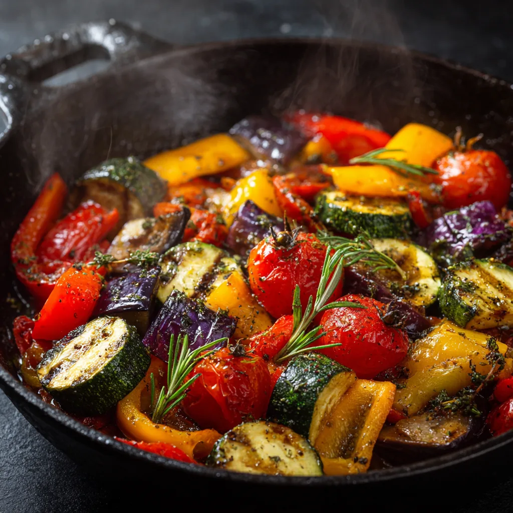 Gros plan légumes ratatouille bowl printemps dans poêle en fonte