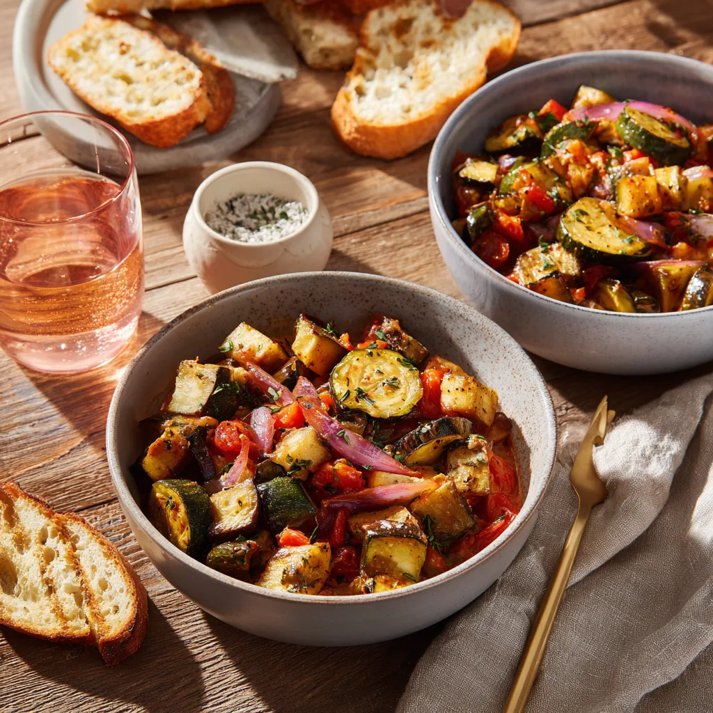 Ratatouille bowl printemps présenté sur table avec accompagnements