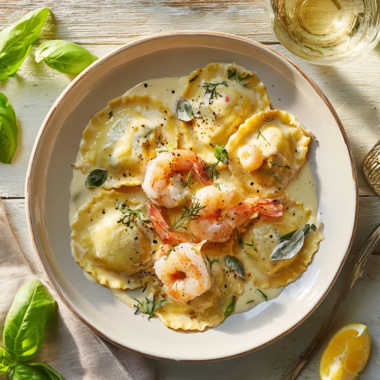 Raviolis aux fruits de mer crémeux garnis de crevettes et Saint-Jacques, vue de dessus