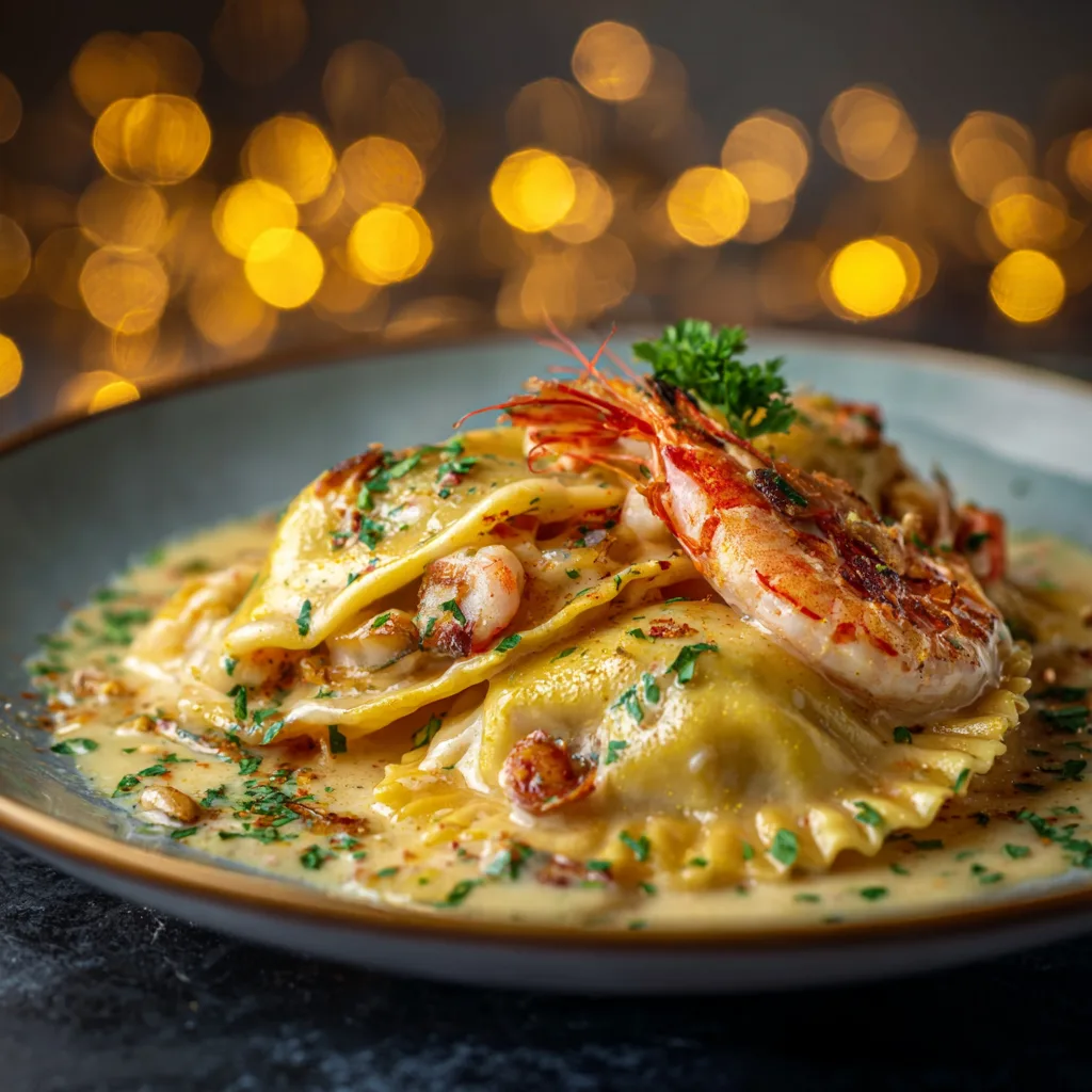 Gros plan sur la texture crémeuse des raviolis aux fruits de mer avec crevettes et Saint-Jacques