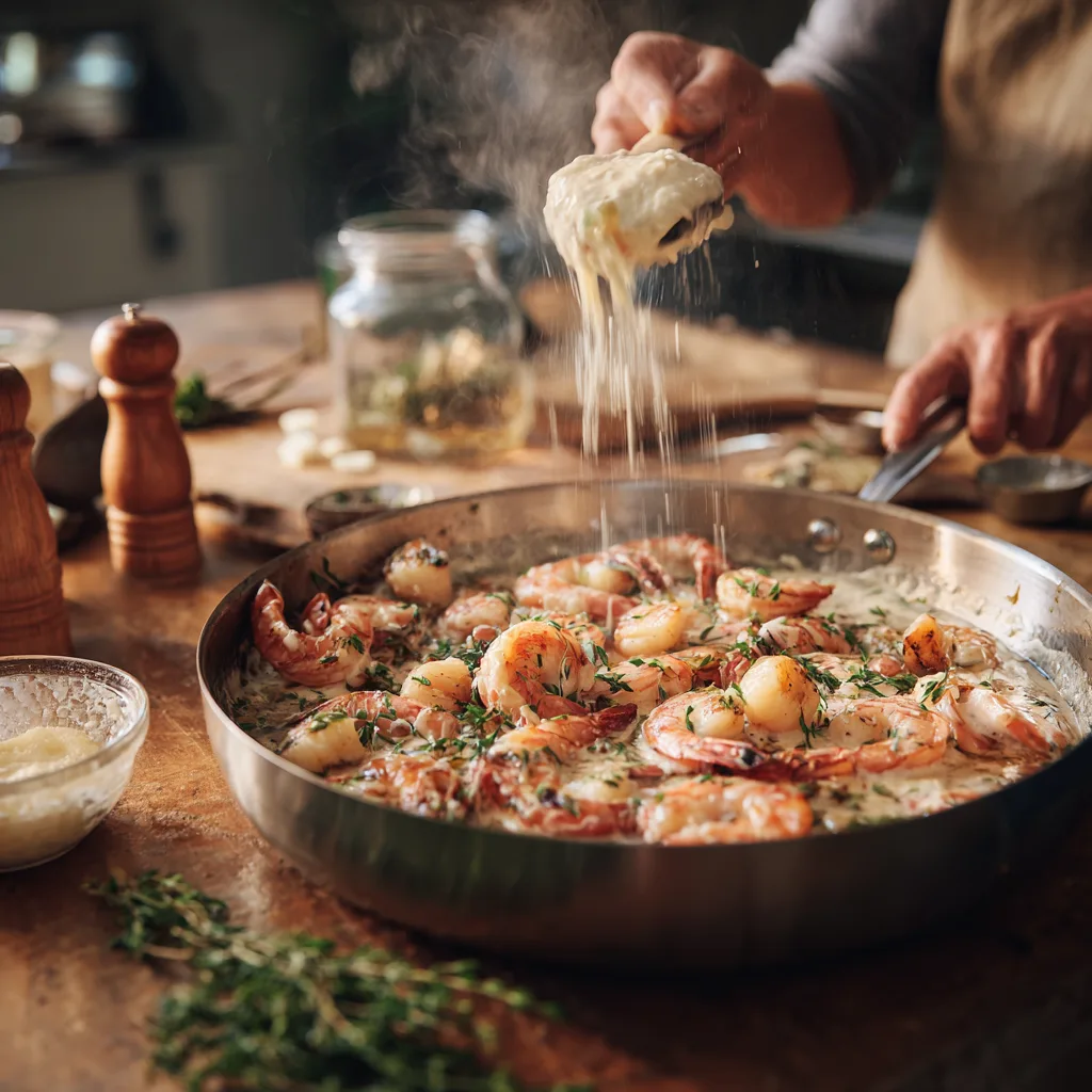 Préparation de la sauce crémeuse pour les raviolis aux fruits de mer dans une poêle