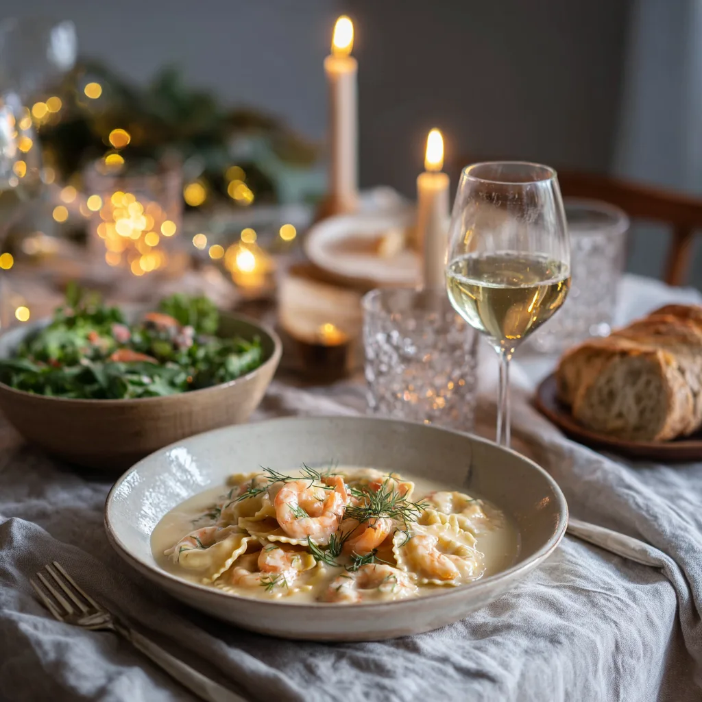 Présentation élégante de raviolis aux fruits de mer sur une table dressée pour un dîner