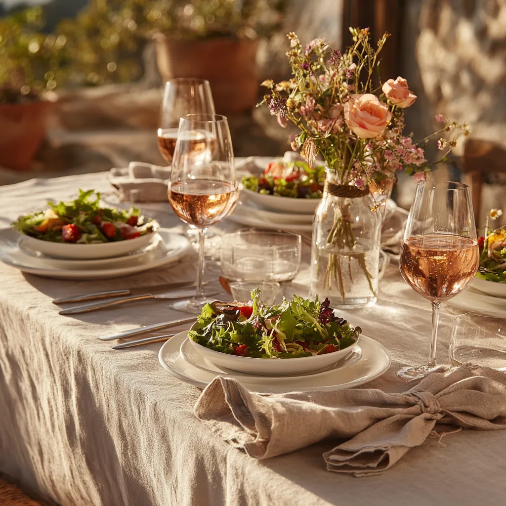 Salade sucrée-salée aux fruits rouges et feta servie élégamment sur table avec vin rosé