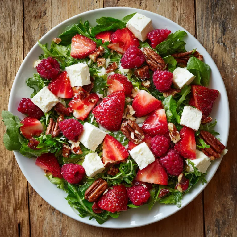 Salade sucrée-salée aux fruits rouges et feta vue de dessus avec fraises framboises myrtilles