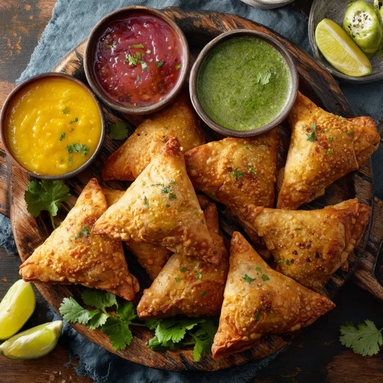 Samosas aux légumes épicés croustillants vus de dessus sur plateau en bois