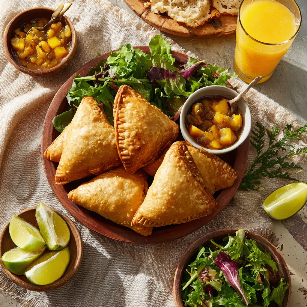 Samosas aux légumes épicés servis sur table avec accompagnements indiens