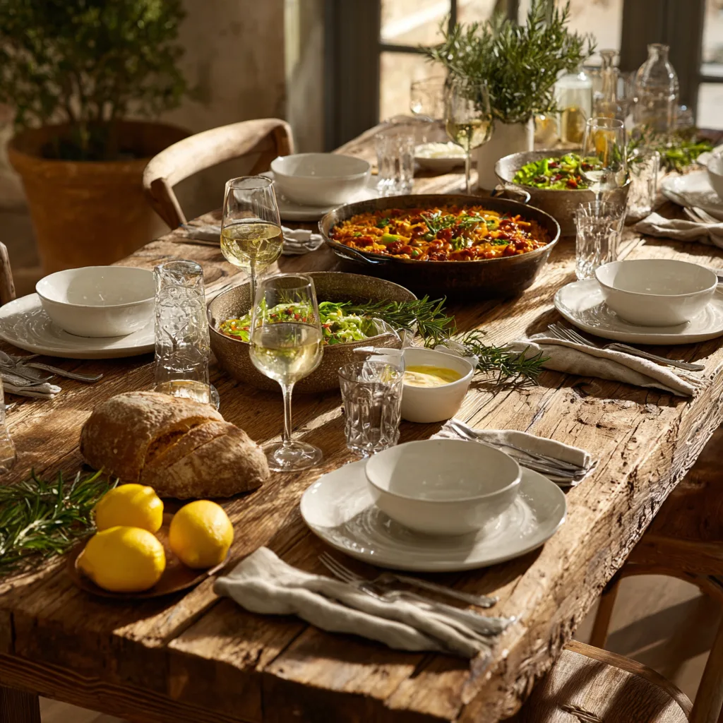 Paëlla végétarienne servie table dressée style méditerranéen avec accompagnements