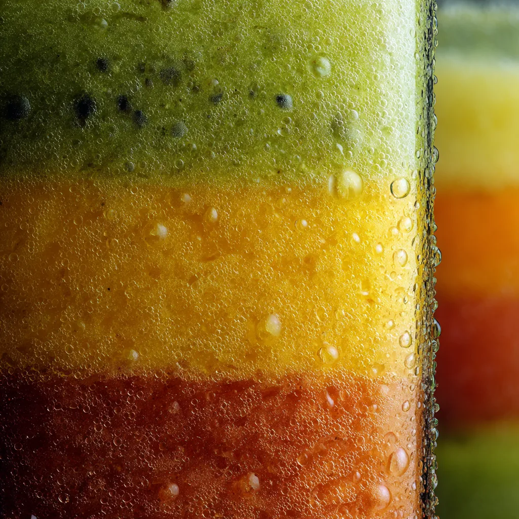 Gros plan sur les couches colorées du Smoothie Arc-en-Ciel montrant la texture onctueuse et les couleurs vibrantes