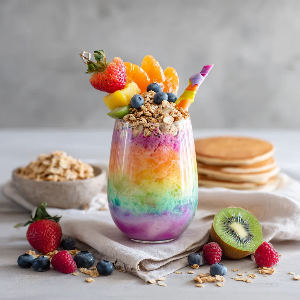 Smoothie Arc-en-Ciel présenté sur une belle table avec accompagnements pour un petit-déjeuner sain et coloré