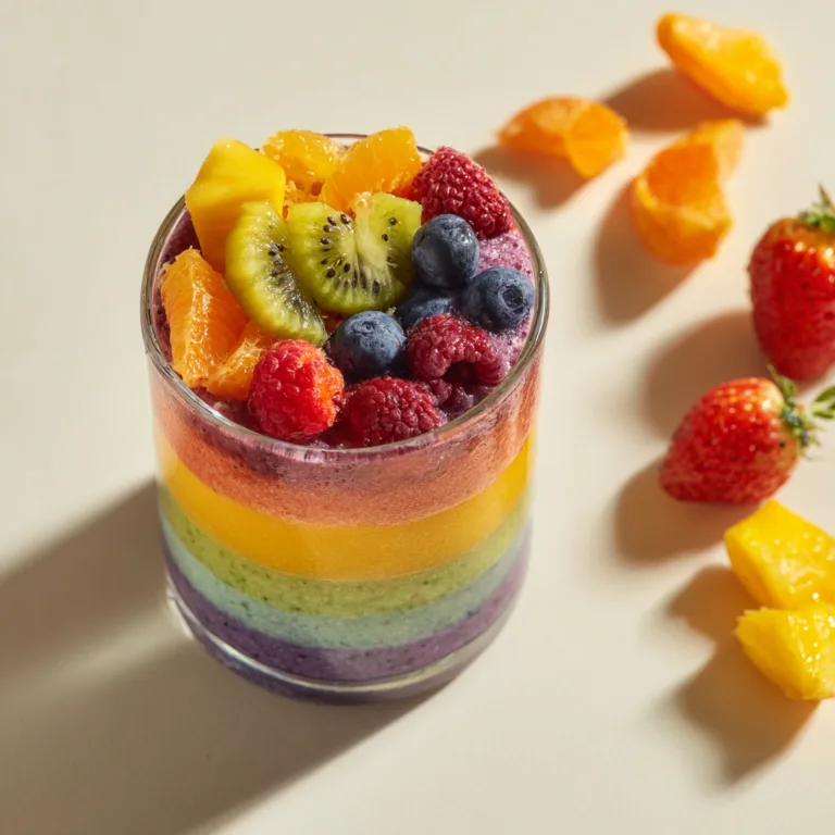Smoothie Arc-en-Ciel vu de dessus avec 7 couches de fruits colorées parfaitement séparées dans un grand verre transparent