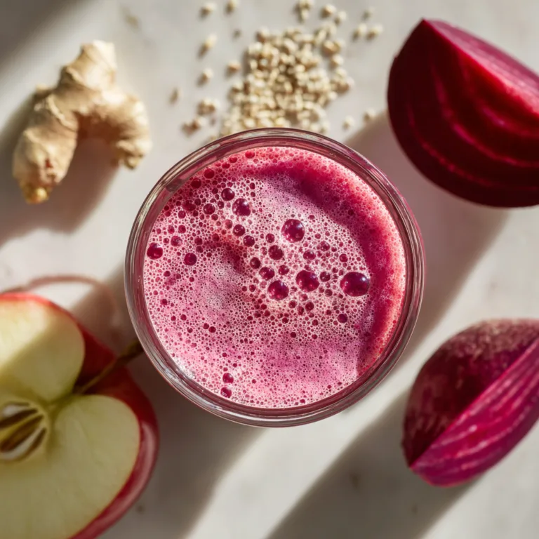 Smoothie Betterave et Pomme vue de dessus dans verre transparent avec ingrédients frais