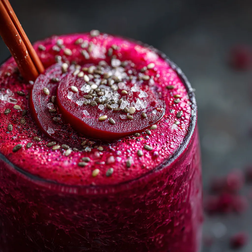 Gros plan texture crémeuse Smoothie Betterave et Pomme avec graines de chia