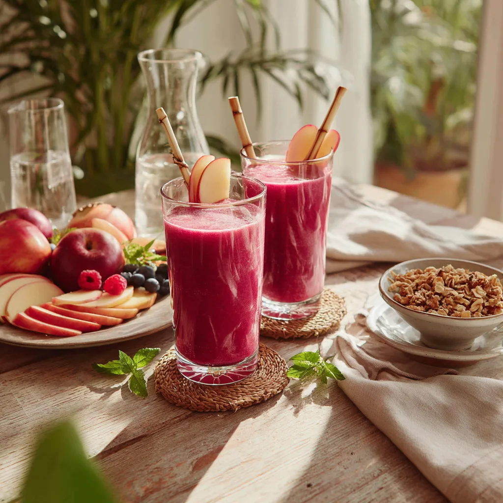 Smoothie Betterave et Pomme servi sur table brunch avec fruits frais et granola