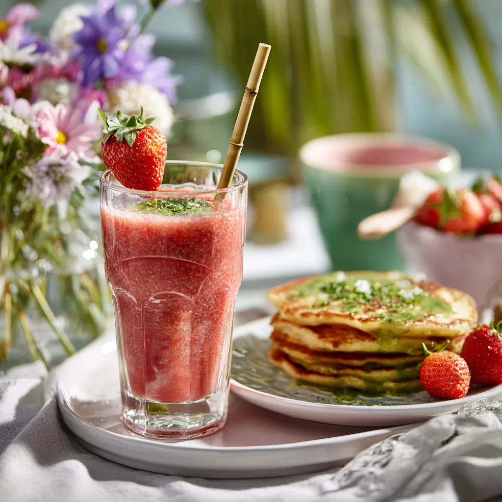 Smoothie fraise citron vert présentation petit-déjeuner brunch pancakes