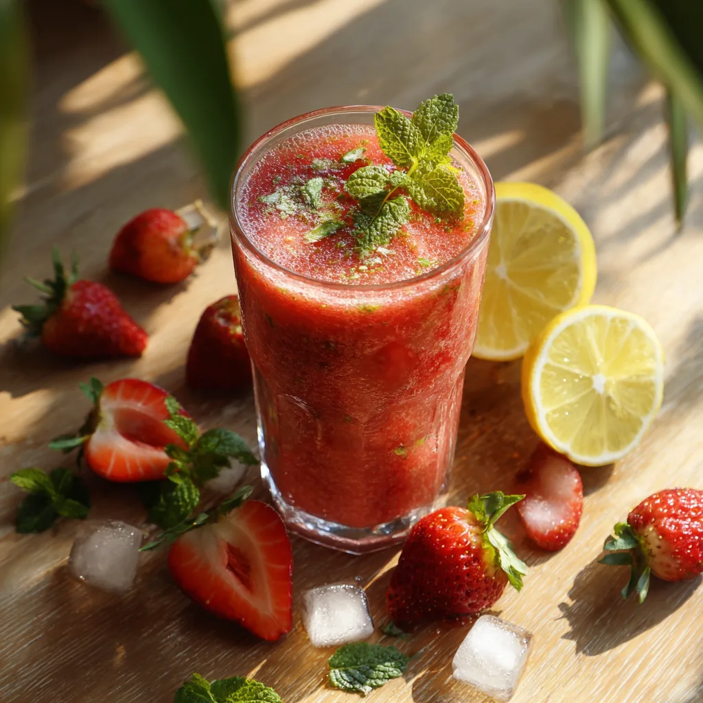 Smoothie fraise citron vert rose vif avec ingrédients frais vue de dessus