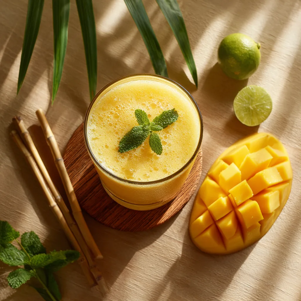 Smoothie Mangue Ananas vu de dessus avec fruits frais et menthe sur table en bois
