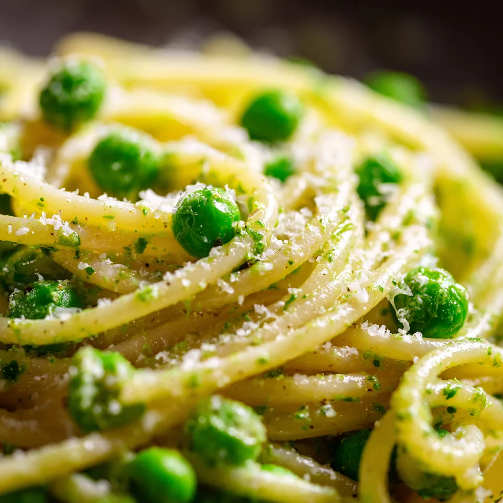 Gros plan sur la sauce crémeuse petits pois et épinards des spaghettis