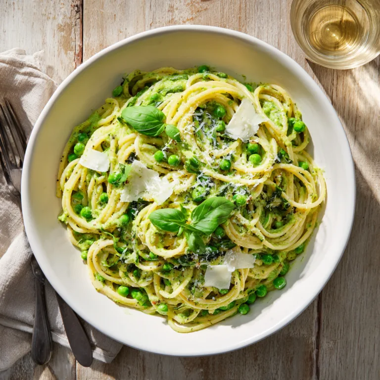 Spaghettis sauce petits pois et épinards servis dans un plat blanc vu du dessus
