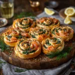 Spirales feuilletées au saumon et aux épinards dorées sur un plateau en bois