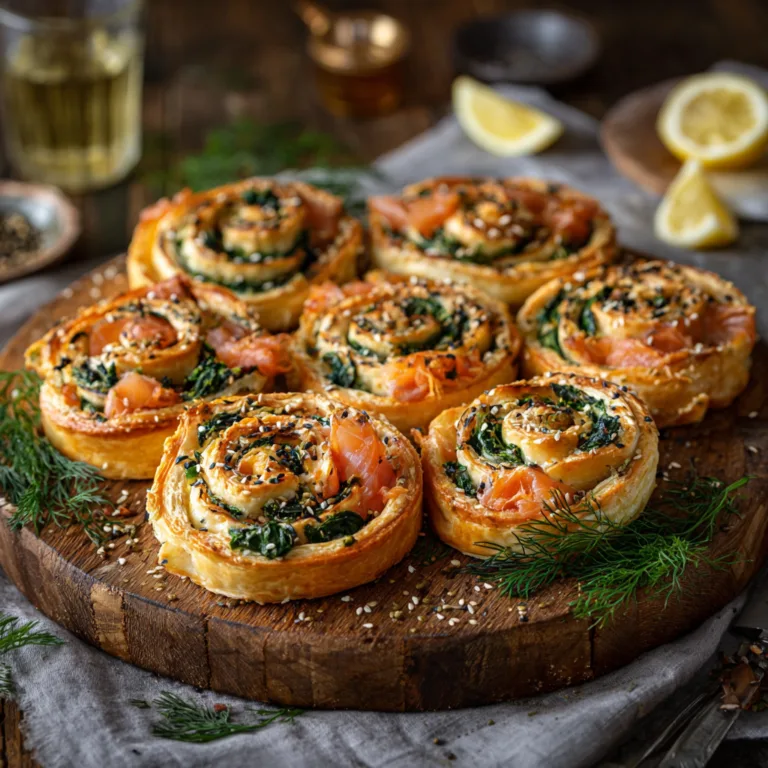 Spirales feuilletées au saumon et aux épinards dorées sur un plateau en bois