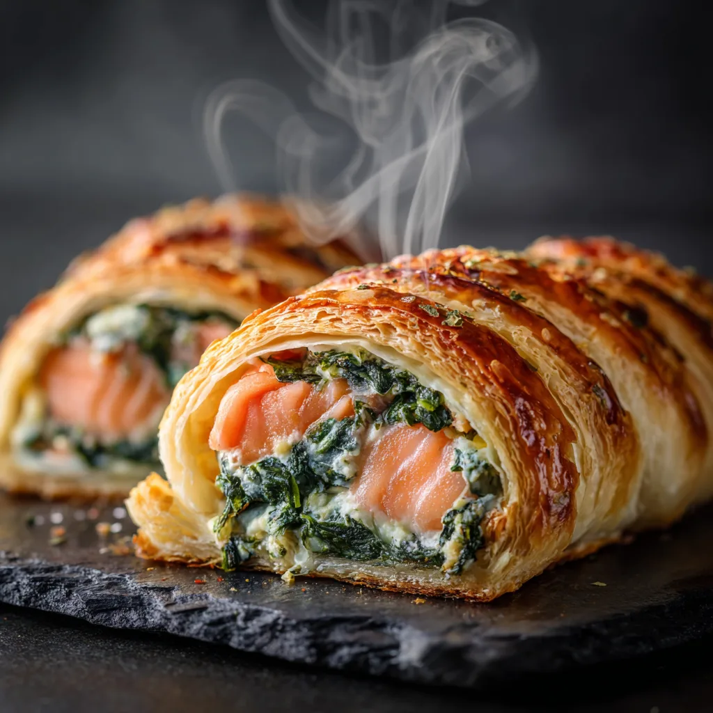 Gros plan spirale feuilletée au saumon coupée révélant la garniture épinards et ricotta