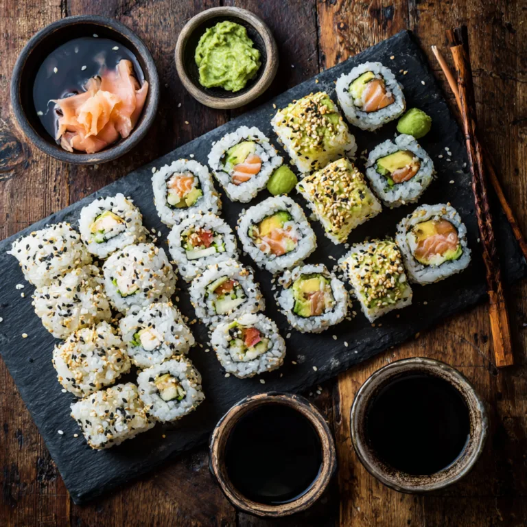 Sushi Californien maison vue de dessus sur plateau avec avocat et concombre