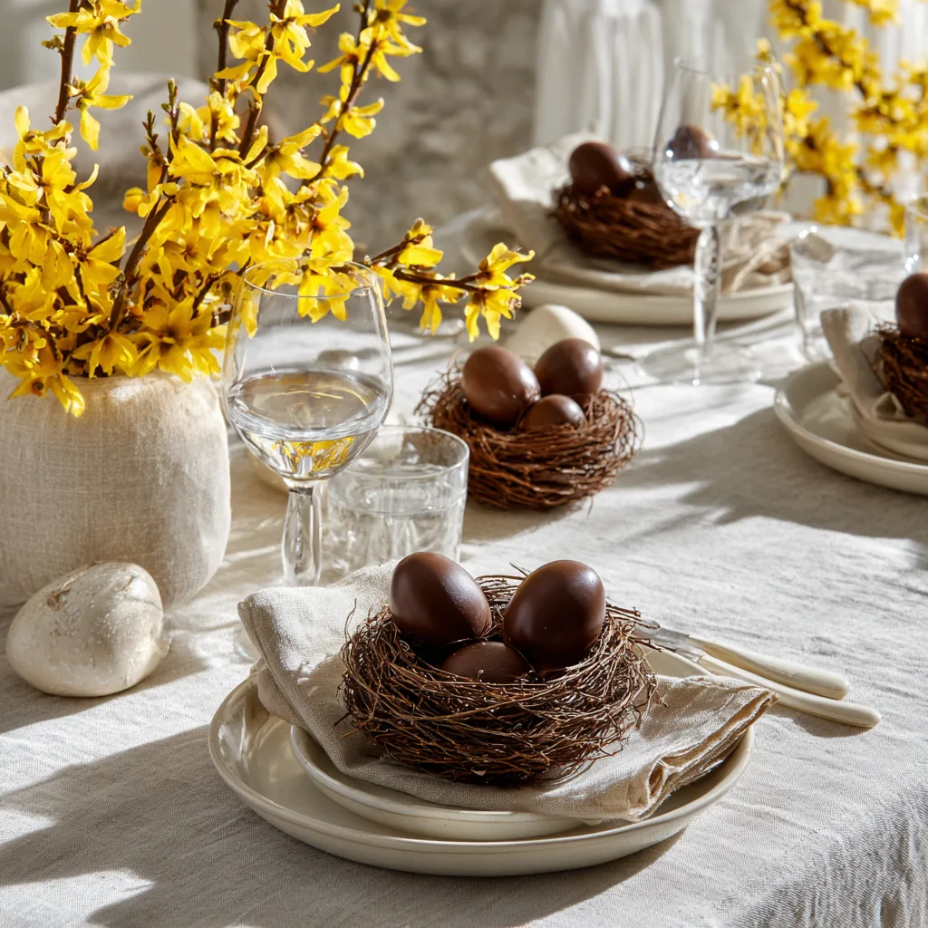 Table de Pâques décorée avec œufs chocolat noix de coco présentation festive