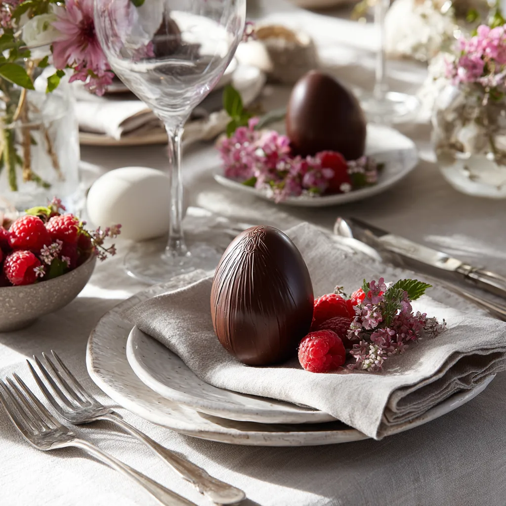Table de Pâques élégante avec œufs trompe-l'œil au chocolat noir et accompagnements
