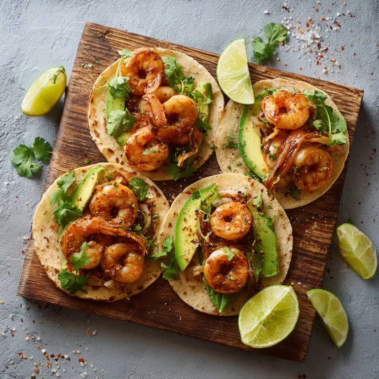Tacos aux crevettes et avocat vue de dessus sur planche en bois